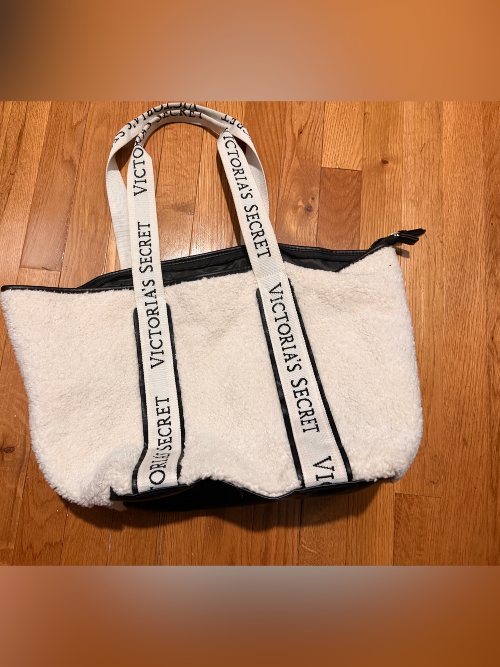 Victoria's Secret White Sherpa Tote with Black Trim and Logo Straps
